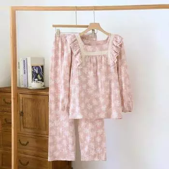 Женская пижама из двухслойного крепа из хлопка на весну и осень, новые летние брюки с длинными рукавами, тонкий цветочный пуловер для домашней одежды M