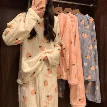 Женская пижама из кораллового флиса — теплый, утепленный комплект из двух предметов на осень/зиму One size (80-140 catties) розовый