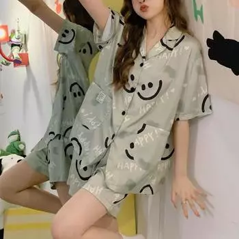 Женская пижама из ледяного шелка, летняя свободная и роскошная тонкая домашняя одежда с короткими рукавами M