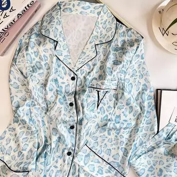 Женская пижама из ледяного шелка на весну и осень, домашняя одежда, костюм для девочек старшего возраста, модная пижама с леопардовым принтом, домашняя одежда M