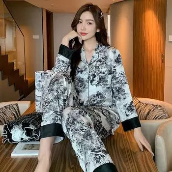 Женская пижама из ледяного шелка с длинным рукавом из двух частей, модная повседневная домашняя одежда с принтом, одежда для сна M белый