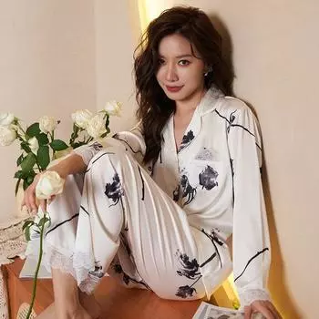 Женская пижама из ледяного шелка с принтом чернильной розы, мягкий дышащий пижамный комплект с длинными рукавами XL белый