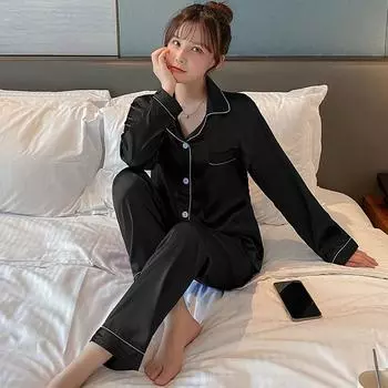 Женская пижама из ледяного шелка - Весна/Лето/Осень, Сексуальный комплект-двойка с длинным рукавом и брюками, Стиль интернет-знаменитости, Темпераментная простая домашняя одежда 2025. 5XL (175-190 jin)