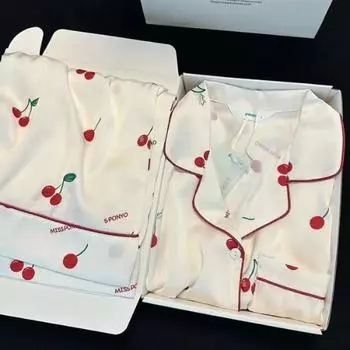 Женская пижама из серого шелка с рисунком из ледяного шелка, женская весенне-осенняя тонкая пижама с длинными рукавами, одежда для сна высокого класса, одежда для отдыха, принт вишни M