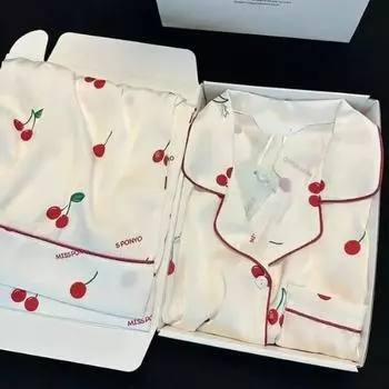 Женская пижама из серого шелка с рисунком из ледяного шелка, женская весенне-осенняя тонкая пижама с длинными рукавами, одежда для сна высокого класса, одежда для отдыха, принт вишни M серый