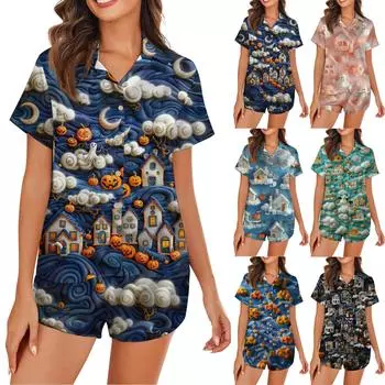 Женская пижама из шелка Ice Silk с пуговицами, домашняя одежда, атласный пижамный комплект с короткими рукавами и принтом на Хэллоуин L
