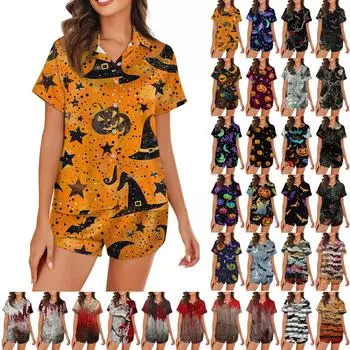 Женская пижама из шелка Ice Silk с пуговицами, домашняя одежда, атласный пижамный комплект с короткими рукавами и принтом на Хэллоуин S