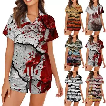 Женская пижама из шелка Ice Silk с пуговицами, домашняя одежда, атласный пижамный комплект с короткими рукавами и принтом на Хэллоуин L фиолетовый