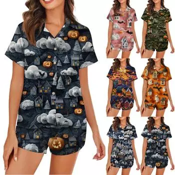 Женская пижама из шелка Ice Silk с пуговицами, домашняя одежда, атласный пижамный комплект с короткими рукавами и принтом на Хэллоуин M зелёный