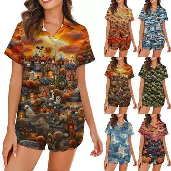 Женская пижама из шелка Ice Silk с пуговицами, домашняя одежда, атласный пижамный комплект с короткими рукавами и принтом на Хэллоуин XL