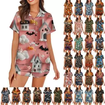 Женская пижама из шелка Ice Silk с пуговицами, домашняя одежда, атласный пижамный комплект с короткими рукавами и принтом на Хэллоуин L коричневый