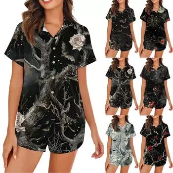 Женская пижама из шелка Ice Silk с пуговицами, домашняя одежда, атласный пижамный комплект с короткими рукавами и принтом на Хэллоуин L