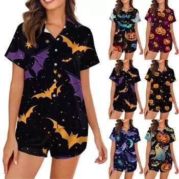 Женская пижама из шелка Ice Silk с пуговицами, домашняя одежда, атласный пижамный комплект с короткими рукавами и принтом на Хэллоуин XL