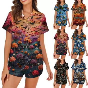 Женская пижама из шелка Ice Silk с пуговицами, домашняя одежда, атласный пижамный комплект с короткими рукавами и принтом на Хэллоуин XL зелёный