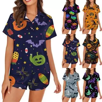 Женская пижама из шелка Ice Silk с пуговицами, домашняя одежда, атласный пижамный комплект с короткими рукавами и принтом на Хэллоуин XL