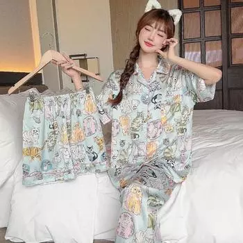 Женская пижама из трех частей, модный дизайн, принт, весенняя женская пижама, шорты с коротким рукавом, длинные брюки, домашняя одежда M