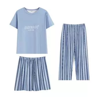 Женская пижама из трех частей, семейная одежда, женская летняя пижама с короткими рукавами для девочек, весна-осень, модель, свободная повседневная пижама, семейная одежда M