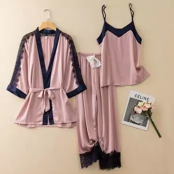 Женская пижама из трех частей, весенне-летний халат-кимоно, пижама-халат, свободная атласная домашняя одежда, сексуальная кружевная пижама M розовый