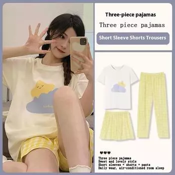 Женская пижама из трех предметов, домашняя одежда, летняя пижама, домашняя одежда для женщин, с короткими рукавами, корейская версия повседневной домашней одежды для девочек M жёлтый
