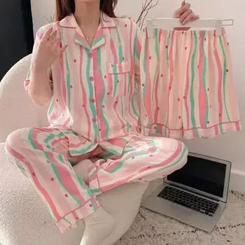 Женская пижама из трех предметов, домашняя одежда, хлопковая, женская, летняя, милая, в стиле принцессы, шорты с короткими рукавами, брюки, домашняя одежда M