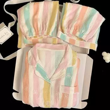 Женская пижама из трех предметов, домашняя одежда, повседневная хлопковая полосатая принтованная летняя пижама для девочек, домашняя одежда с короткими рукавами L