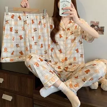 Женская пижама из трех предметов весна-лето, комплект домашней одежды, женская тонкая клетчатая пижама с короткими рукавами и рисунком в виде мультфильма M
