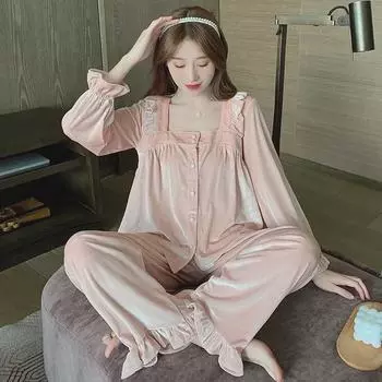 Женская пижама из золотистого бархата — стильный комплект из двух предметов с длинными рукавами на осень/зиму для дома и улицы XL (recommended 120-140 jin)