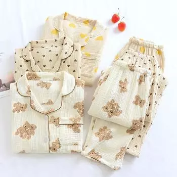 Женская пижама, комплект из 2 предметов, 100% хлопок, марля, длинные рукава, штаны, милый принт с медведем, домашняя одежда, женская пижама M