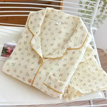 Женская пижама, комплект из 2 предметов, 100% хлопок, марля, брюки с длинными рукавами, пижама с цветочным принтом, домашняя одежда, женская пижама, женская одежда для сна M