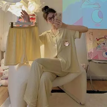 Женская пижама, комплект из трех предметов, клетчатая пижама, женская летняя пижама с коротким рукавом и рисунком из мультфильма, студенческая домашняя одежда, комплект из трех предметов XL жёлтый