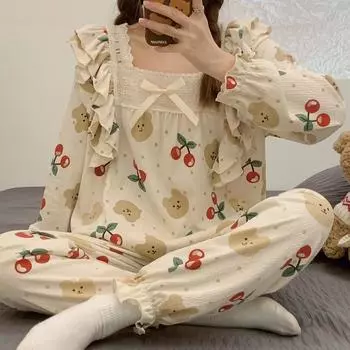 Женская пижама Lady Sweet Style Y2k Cartoon Bubble Cotton Bow Square Gown Женская ночная рубашка 2024 Осень Новая молодежная шикарная одежда для сна XXL