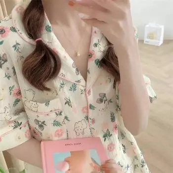 Женская пижама, летняя, с коротким рукавом, комплект одежды для сна с рисунком милого кролика, пижама для женщин с оборками, домашний комплект одежды для сна, кардиган M