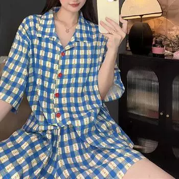 Женская пижама, летняя, с коротким рукавом, комплект одежды для сна, мультяшный милый, с сетчатым принтом, пижама, женская, с оборками, домашний комплект одежды для сна, кардиган M