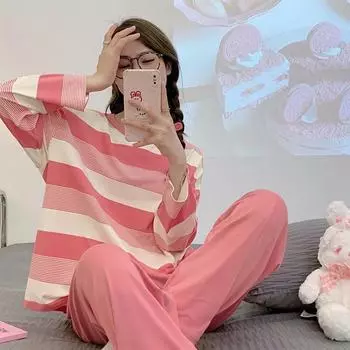 Женская пижама, летняя верхняя часть, брюки, студенческая ночная одежда, домашняя одежда с круглым вырезом, полосатая одежда для молодых девушек, женская корейская повседневная ночная одежда M