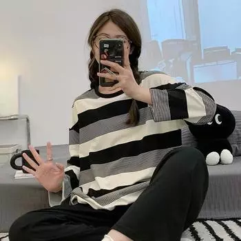 Женская пижама, летняя верхняя часть, брюки, студенческая ночная одежда, домашняя одежда с круглым вырезом, полосатая одежда для молодых девушек, женская корейская повседневная ночная одежда M