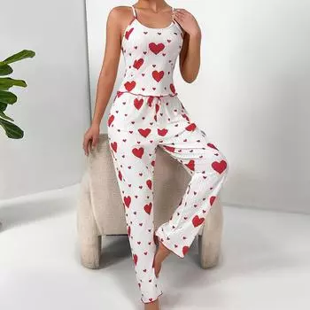 Женская пижама лето осень пижамные комплекты с принтом сердца без рукавов майка с длинными брюками комплект брюк сексуальное нижнее белье пижама S