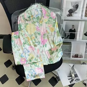 Женская пижама на весну, летние роскошные брюки с длинным рукавом с принтом, пижама с лацканами для дома Soft Home 40-50kg