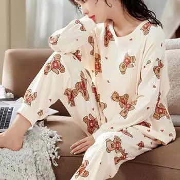 Женская пижама Новая мода Мужская женская домашняя одежда Хлопковая пижама Весна Осень Длинные рукава Мультяшные пижамы Костюмы M бежевый