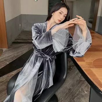 Женская пижама нового стиля с тюлем Temperament, пижама канареечного цвета, комплект женской пижамы с длинными рукавами One Size