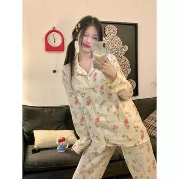 Женская пижама, новый осенне-весенний комплект с длинными рукавами, мягкая пижама с рисунком медведя, женский домашний комплект для сна, кардиган M