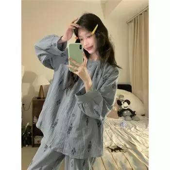 Женская пижама, новый осенне-весенний комплект с длинными рукавами, мягкая пижама в сетку с рисунком, женская домашняя ночная одежда, комплект кардиган M