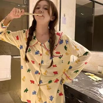 Женская пижама, новый осенне-весенний комплект с длинными рукавами, мягкая пижама в полоску с рисунком, женская домашняя ночная одежда, кардиган M