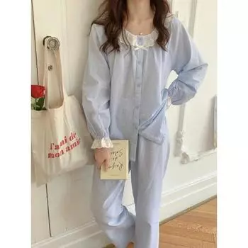 Женская пижама, новый осенне-весенний комплект с длинными рукавами, мягкая пижама в полоску с рисунком, женская домашняя ночная одежда, кардиган M