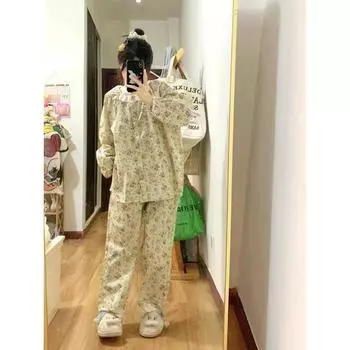 Женская пижама, новый осенне-весенний комплект с длинными рукавами, мягкая пижама с цветочным принтом, кружевная пижама для женщин, домашний комплект для сна, кардиган M