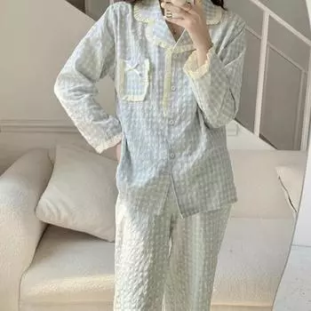 Женская пижама, новый осенне-весенний комплект с длинными рукавами, мягкая пижама в полоску с рисунком, женская домашняя ночная одежда, кардиган M