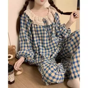 Женская пижама, новый осенне-весенний комплект с длинными рукавами, мягкая пижама в сетку с рисунком, женская домашняя ночная одежда, комплект кардиган M