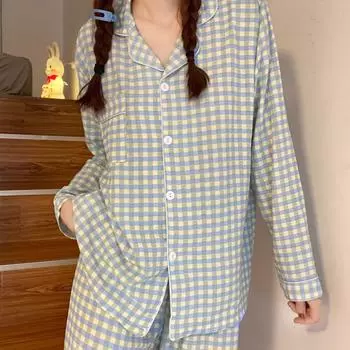 Женская пижама, новый осенне-весенний комплект с длинными рукавами, мягкая пижама в сетку с рисунком, женская домашняя ночная одежда, комплект кардиган M