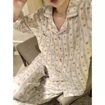 Женская пижама осень-весна с длинным рукавом, мягкий комплект для сна с рисунком медведя, женский домашний комплект для сна, кардиган M