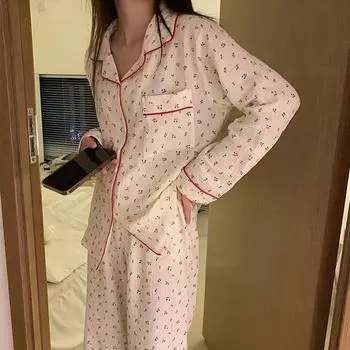 Женская пижама осень-весна с длинным рукавом, мягкий комплект для сна с вишневым цветочным рисунком, пижама для женщин, домашний комплект для сна, кардиган M