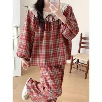 Женская пижама осень-весна с длинным рукавом мягкий комплект для сна с рисунком в сетку женский домашний комплект для сна кардиган M
